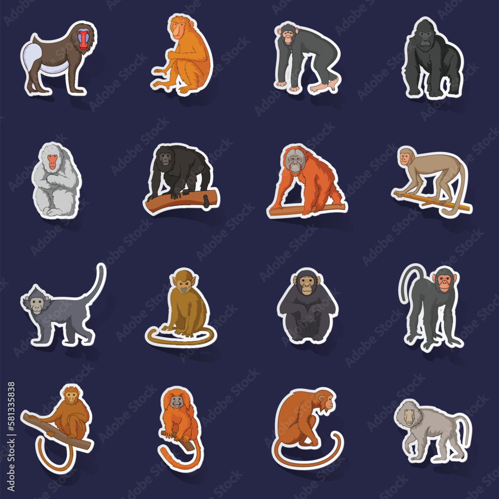 Poster different monkeys icons set stikers collection vector with shadow on purple background