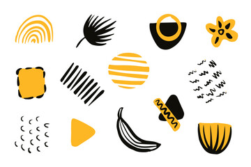 Shape elements in trendy style. Vector design elements. Abstract dots, lines, curves shapes illustration set. Modern style poster