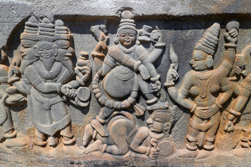 Mythological Indian relief illustration. Fragment of scenery of an ancient Hindu temple.