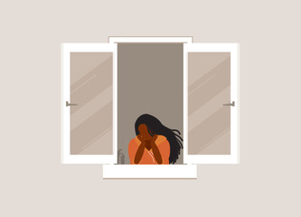 One Young Black Woman With Both Hands On Her Chin Looking Out From The Front Opened Window At Home. Half Length. Flat Design Style, Character, Cartoon.