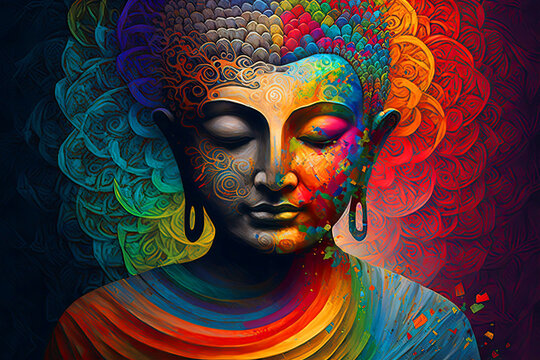 Generative AI. The image of the Buddha is a digital art collage combined with watercolor in psychedelic tones. Self-knowledge. Zen, spiritual well-being.