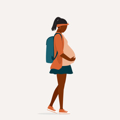 One Sad Pregnant Black Teenage Girl With Backpack And Face Looking Down Walking To School. Full Length. Flat Design Style, Character, Cartoon.