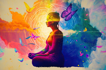 Obraz na płótnie Canvas meditation pose against the background of the galaxy nebula. Generative AI. Self-knowledge. Zen, spiritual well-being.