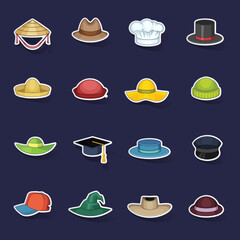 Hat cap icons set stikers collection vector with shadow on purple background