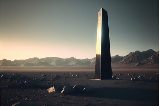 A ventablack and glossy obelisk in a desolate alien landscape, absolute zero landscape, minimalist.