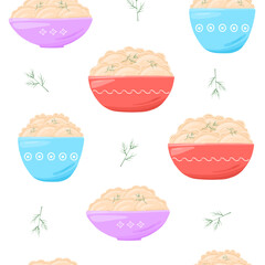 Seamless pattern with varenyky dumpling pierogi in plate