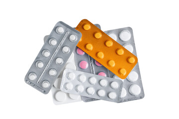 Pile of various pills and tablets in a blister packs, isolated on transparent background, top view, healthcare and medicine concept