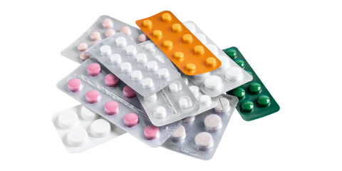 Pile of various pills and tablets in a blister packs, isolated on transparent background, healthcare and medicine concept - obrazy, fototapety, plakaty