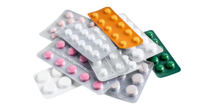 Pile of various pills and tablets in a blister packs, isolated on transparent background, healthcare and medicine concept