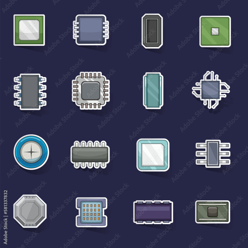 Poster computer chips icons set stikers collection vector with shadow on purple background