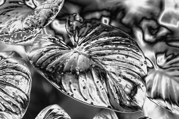 Silver leaves, water drops background, silver flower leaf texture, gray metal tropical foliage backdrop, monochrome metallic floral branch pattern, abstract black white plant ornament, art wallpaper