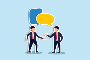 Discussion, conversation or brainstorming for idea, meeting, debate or team communication, colleague chatting, opinion concept, business team coworker discussing work in meeting with speech bubbles.