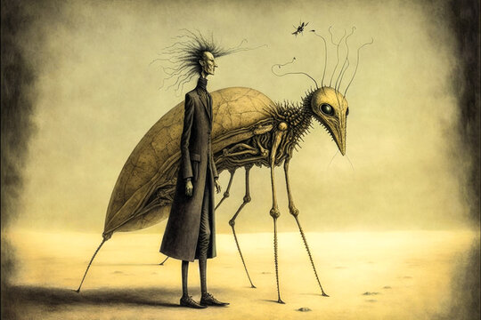 Homme avec insecte g&eacute;ant, image surr&eacute;aliste - G&eacute;n&eacute;rative IA