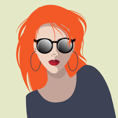art portrait of beautiful young woman makeup face with sunglasses; fashion flat isolated vector; glamour girl model; hand draw illustration; long wave red hairstyle for the evening, wedding