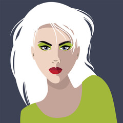 art portrait of beautiful young woman makeup face; fashion flat isolated vector; glamour girl model; illustration in trendy color; long wave white hairstyle for the evening, wedding