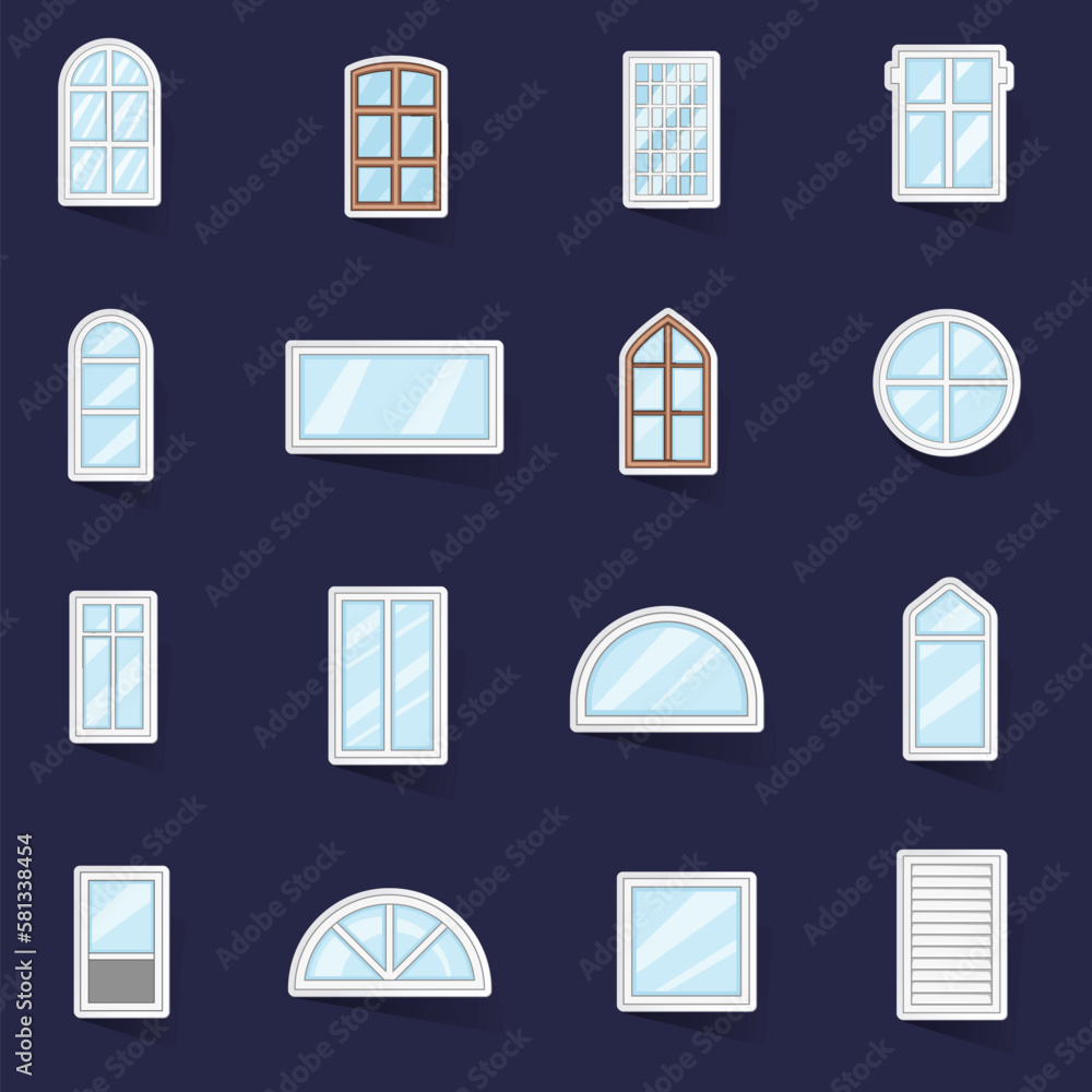 Poster window design types icons set stikers collection vector with shadow on purple background
