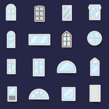 Window design types icons set stikers collection vector with shadow on purple background