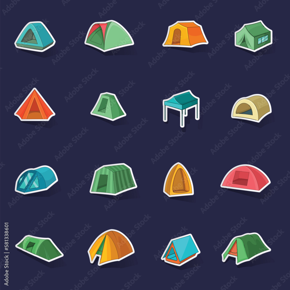 Poster tent forms icons set stikers collection vector with shadow on purple background