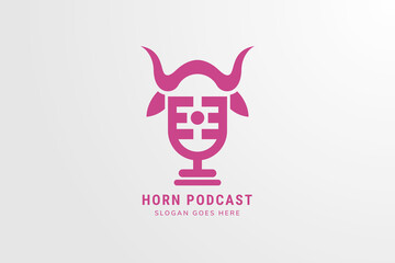 horn podcast logo design template. pink color of object isolated on grey white gradient background. the concept use combination of mic for podcast and head of buffalo. 