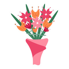 Bright floral bouquet with a variety of flowers in a paper bag. Floral composition in flat style in vector.