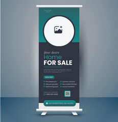 Corporate real estate roll up banner or pull up banner design template premium vector, billboard, banner stand or flag design layout. Poster for conference, forum, shop