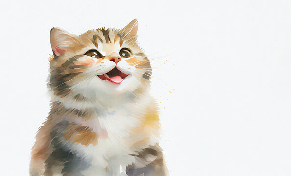 Hand drawn watercolor smiling cat with copyspace on white background. Generative AI.