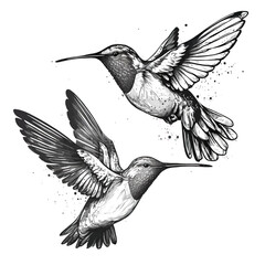 Two flying Colibri birds, isolated in white background, vector illustration.
