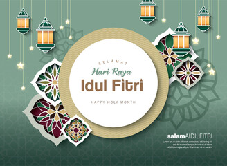 Islamic festival poster background design, paper graphic of islamic decorations and lanterns. Suitable for Ramadan Kareem, Hari Raya, Eid Mubarak, Eid al Adha.