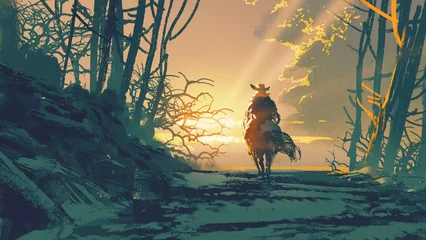 Wall murals Grandfailure man riding a horse and running through the hills basking in the morning sun., digital art style, illustration painting