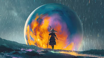 Badkamer foto achterwand witch with magic wand standing in front of the colorful big planet., digital art style, illustration painting © grandfailure
