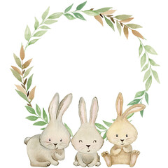 Watercolor woodland wreath with bunnies. Baby shower card.