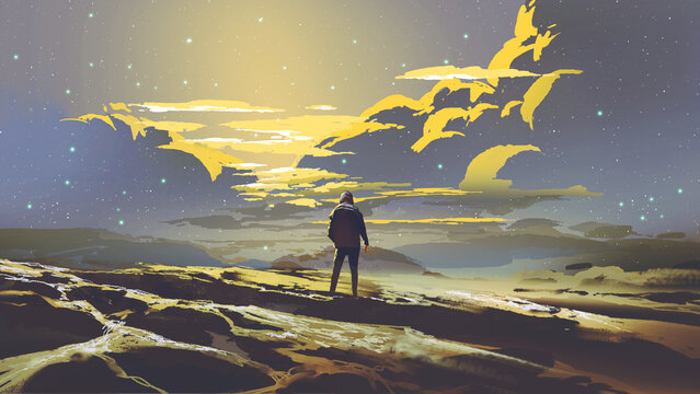Fototapeta man standing on a hill looking at the stars in the sky at dusk, digital art style, illustration painting