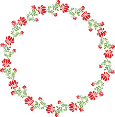 Vector hand drawn wreath. Round floral frame of branches with red flowers.