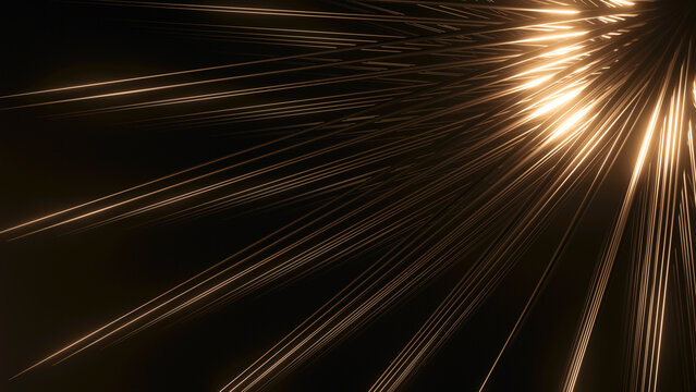Minimal 3D futuristic wallpaper with golden, cooper material, deep dark background, space, metallic hair material, bright accent, contemporary, illustration, effect, design, three dimensional render