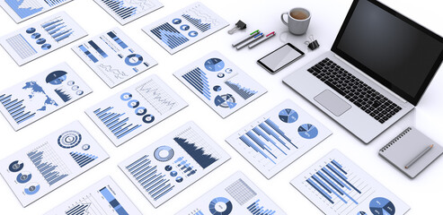 ビジネス資料とノートパソコン、ビジネス戦略の検討イメージ