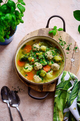 Meetball vegetables soup. style hugge