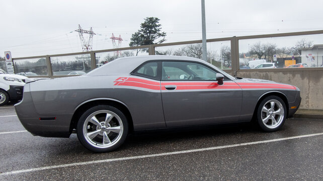 Dodge Challenger Rt Muscle Car With R/T Logo Brand And Text Sign