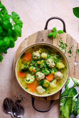 Meetball vegetables soup. style hugge