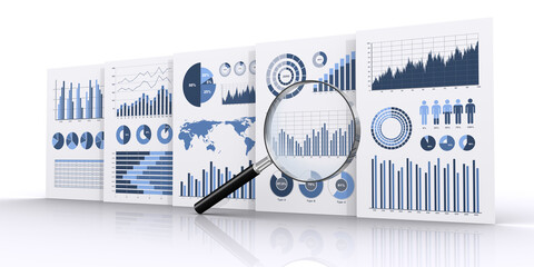 ビジネス資料と虫メガネ、ビジネス戦略の調査