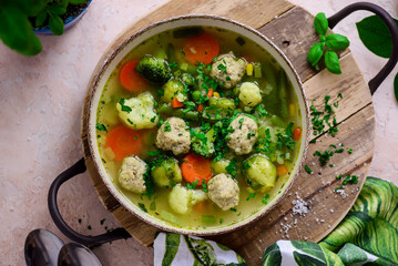 Meatball vegetables soup. style hugge