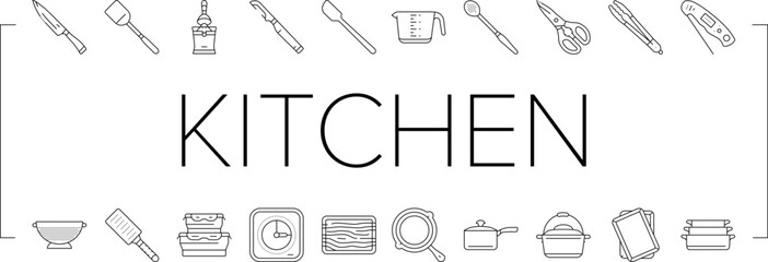 cookware kitchen cooking food icons set vector