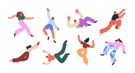 Happy flying, floating characters set. Young people soaring in funny poses. Fun and joy, positive energy, freedom and inspiration. Flat graphic vector illustrations isolated on white background