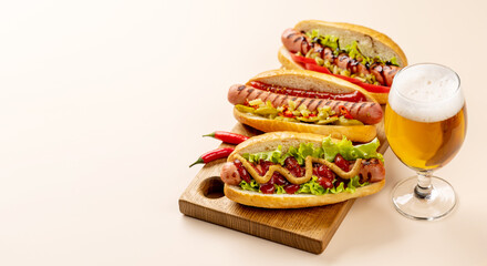 Various hot dog and beer