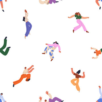 Flying characters, seamless pattern. Happy free people in funny poses, floating, soaring in air, falling, endless background. Young men, women in flight, repeating print. Flat vector illustration