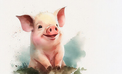 Hand drawn watercolor smiling pig with copyspace on white background. Generative AI.