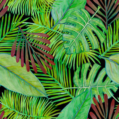 Seamless watercolor pattern with tropical tree leaves.