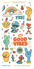 Groovy, cool hippie 70s stickers. colorful, funny cartoon flower, rainbow, fruit, home, heart in retro psychedelic style.isolated on white background.