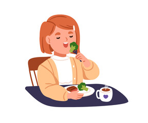 Happy kid eating healthy food. Cute little girl at lunch. Childs wholesome breakfast meal with broccoli vegetables and meat, tea cup at table. Flat vector illustration isolated on white background