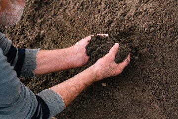 older male hands holding dark moist soil. Agriculture, organic gardening, landscaping or ecology concept. Environmental protection, Earth Day. Banner. View from above. Space for copying.