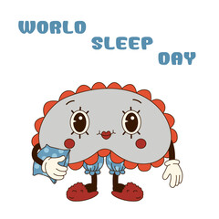 Fototapeta premium Cute sleep mask in groovy retro style of 60s 70s. World sleep day concept. Flat vector illustration. Cartoon character. For cards, posters, print.